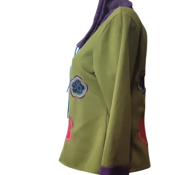 Camden GEKKO Green Pullover Purple & Blue Accents Floral Appliqué Funnel Neck - Picture 12 of 14